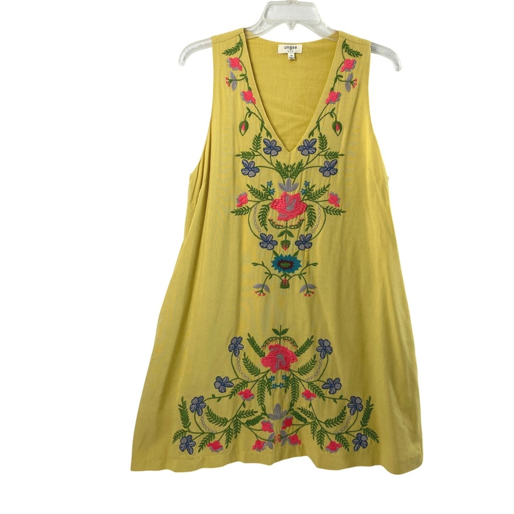 Umgee Dress Women Medium Yellow Floral Embroidered V-Neck Sleeveless Boho Shift - Picture 1 of 11